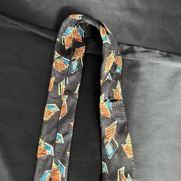 Vintage Damon Mens Black Necktie Blue and Orange Geometric Silk Made In Italy - Picture 13 of 16